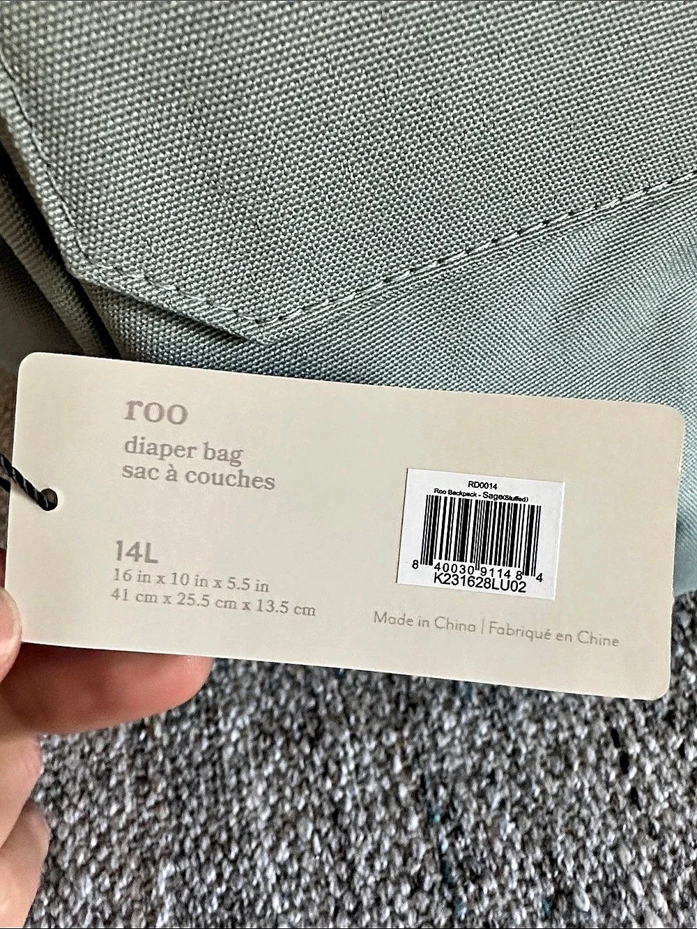 roo Diaper Bag Backpack in Green NWT